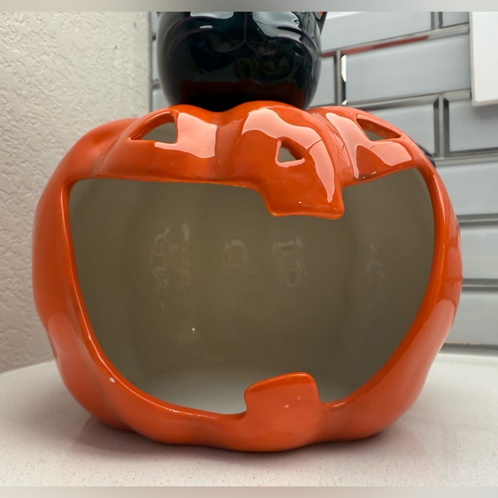 Ceramic Happy Halloween Candy Dish Candle Holder Pumpkin Black Cat - Picture 9 of 14